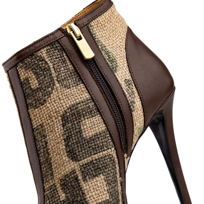 Coffee Burlap Peep toe Ankle Boots